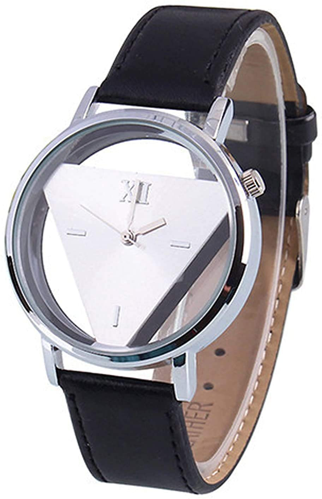 Unisex Charm Glass Hollow Triangle Dial Faux Leather Analog Quartz Wrist Watch