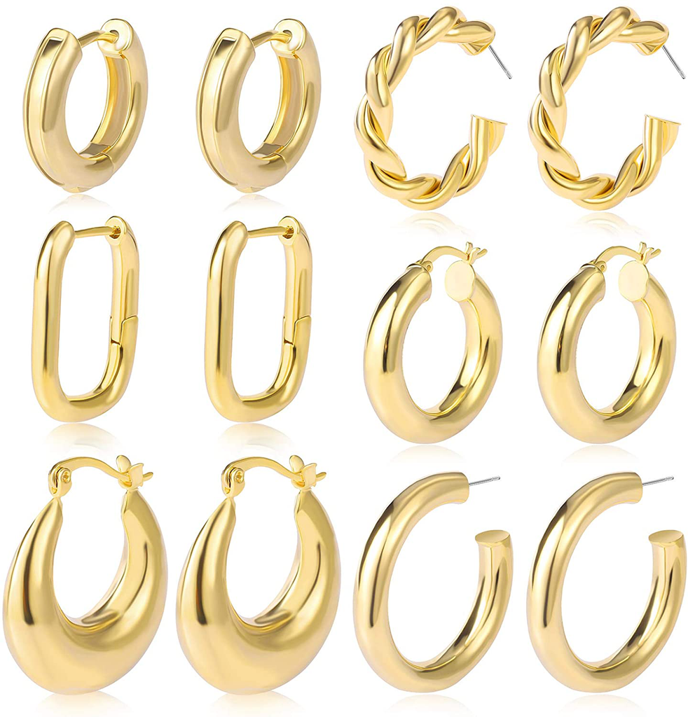 6 Pairs Gold Chunky Hoop Earrings Set for Women Hypoallergenic Thick Open Twisted Huggie Hoop Jewelry for Birthday/Christmas Gifts