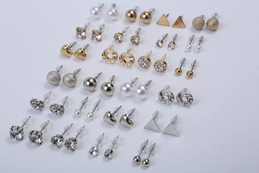 Set of 24 Pairs of Stud Earrings set Cubic Zirconia Earrings for Girls Women Men ，Silver and Gold