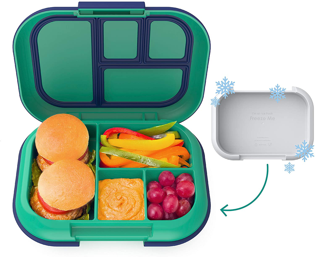 Bentgo Kids Chill Lunch Box - Bento-Style Lunch Solution with 4 Compartments and Removable Ice Pack for Meals and Snacks On-the-Go - Leak-Proof, Dishwasher Safe, BPA-Free (Green/Navy)