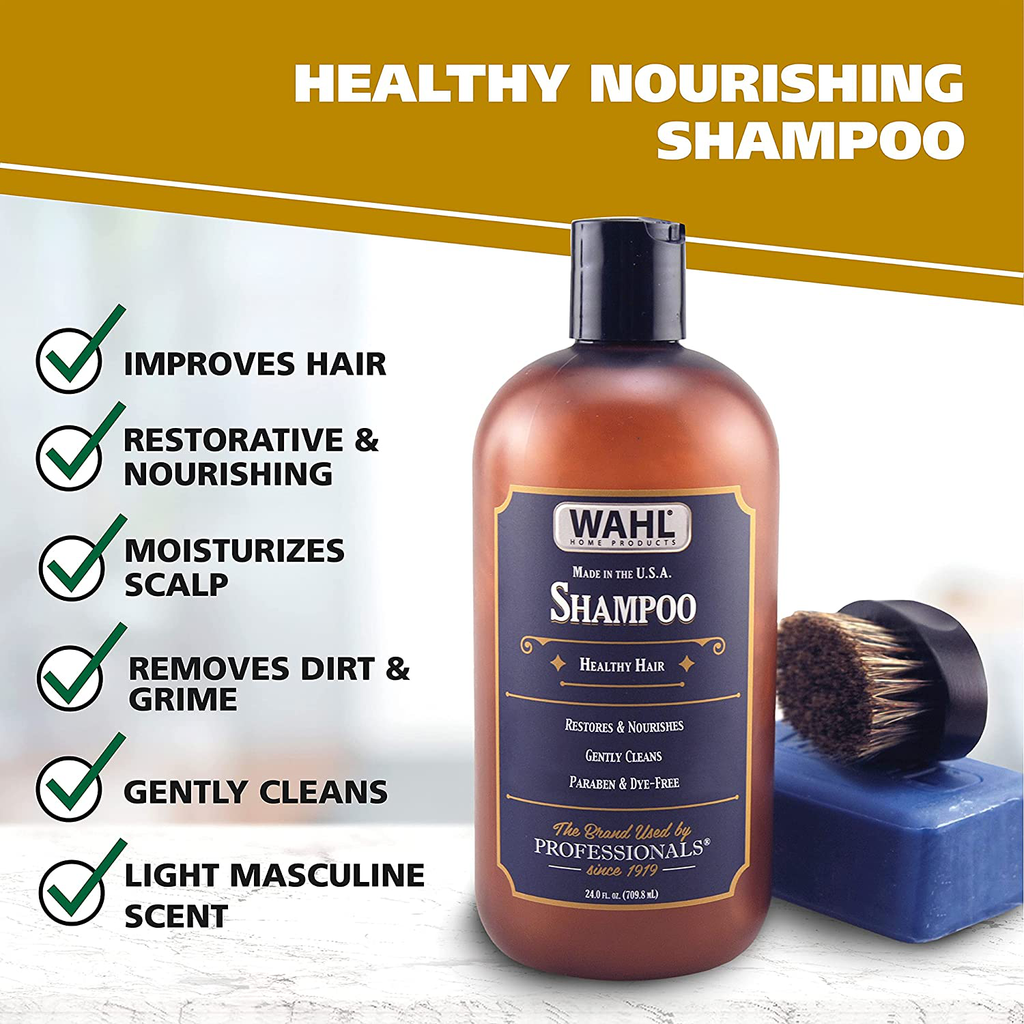 Wahl Shampoo with Essential Oils for Healthy Hair – Moisturizes, Restores, Cleans & Nourishes Hair with Manuka Oil, Meadowfoam Seed Oil, Clove Oil & Moringa Oil – 24 Oz