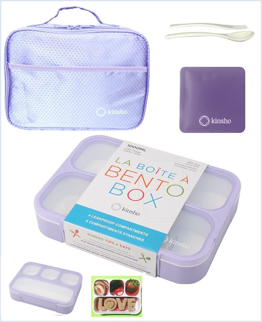 Bento-Box with Lunch Bag and Ice Pack Set. Containers for Kids Girls Adults Snacks and Lunches. 4 Compartments, Leakproof Portion Container Boxes Insulated Bags for School, Purple