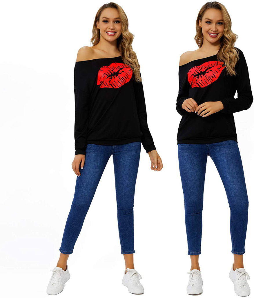 Begonia.K Women's Sweatshirt Lips Print Causal Long Sleeve Off The Shoulder Oversized Slouchy Pullover Plus Size Tops