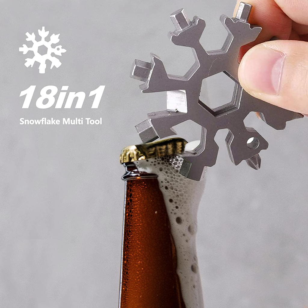 XVEN 18-In-1 Snowflake Multi Tool Portable, Stainless Steel Snowflake Bottle Opener/Flat Phillips Screwdriver Kit/Wrench, with Keychain, Great Christmas Gift(Silver)