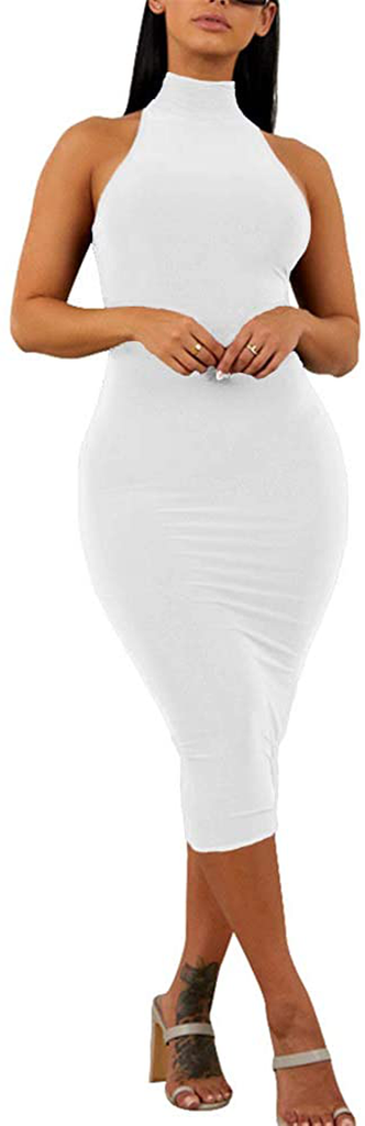 GOBLES Women's Sexy Halter High Neck Elegant Sleeveless Bodycon Midi Club Dress