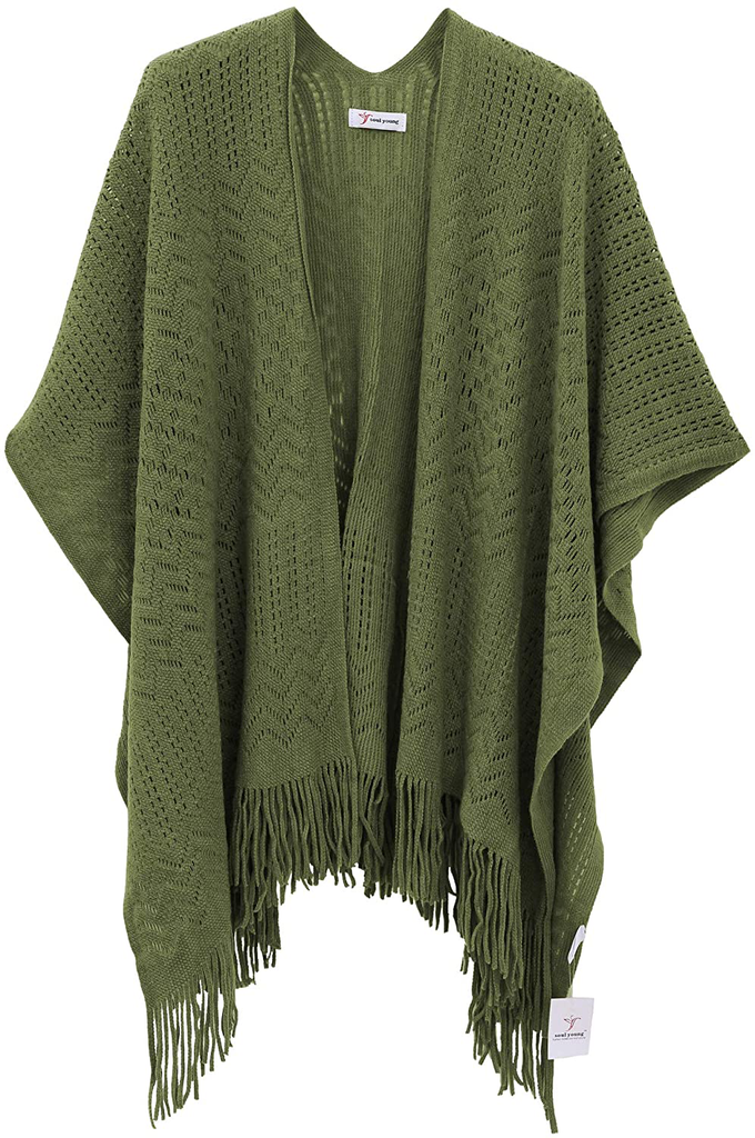 Knit Shawl Wrap for Women - Soul Young Ladies Fringe Knitted Poncho Cardigan Cape