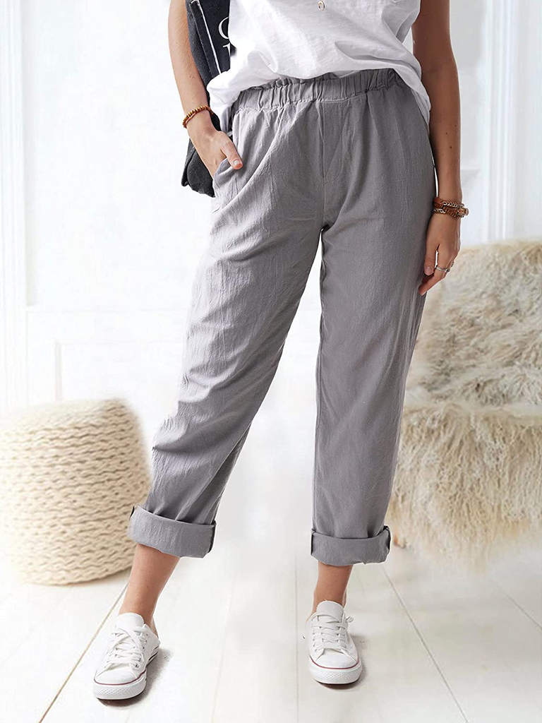 Women's Straight Pants Elastic Waist Casual Trousers Pants with Pockets