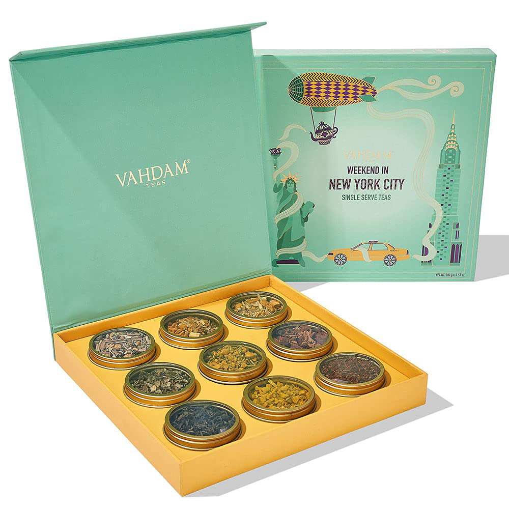 VAHDAM, Christmas in New York Tea Gift Set | 9 Assorted Herbal Tea, Green Tea & Black Tea in a Travel Edition Gift Box, 100% Natural Ingredients, Luxury Christmas Gifts for Everyone, Holiday Tea Gifts