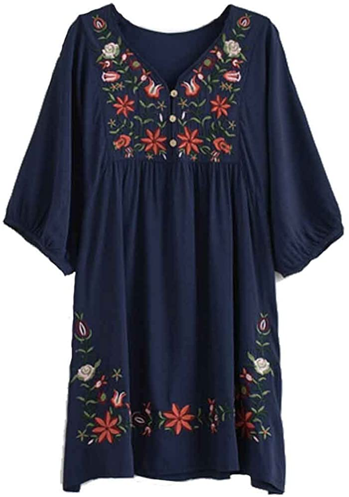 Kafeimali Summer Dress V Neck Mexican Embroidered Peasant Women's Dressy Tops Blouses