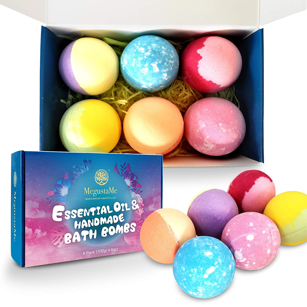Megustame Bath Bombs Gift Set, 6 XXL Ultra Lux Spa Fizzies, Pure Natural Essential Oils Bubble Bath for Moisturizing Dry Skin, Organic Hand Made, Christmas Gifts for Women Kids Wife Moms