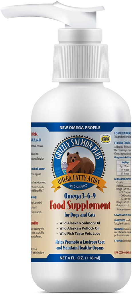 Grizzly Salmon Plus Omega Fatty Acids Food Supplement for Dogs & Cats (Various Sizes) - Wild-Sourced Salmon Oil, Omega 3-6-9, Made in USA