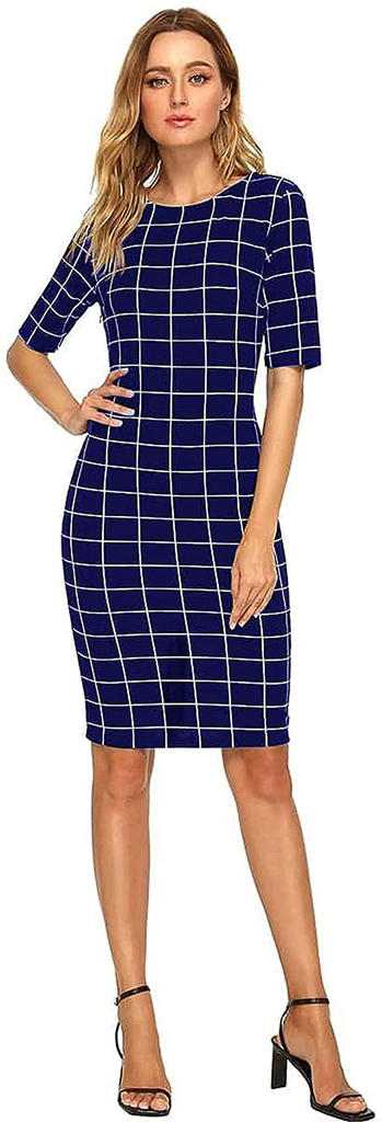 SheIn Women's Short Sleeve Plaid Grid Round Neck Elegant Sheath Pencil Bodycon Dress