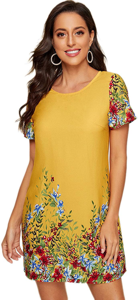 Romwe Women's Short Sleeve Floral Print Loose Casual Tunic Swing Summer Shirt Dress