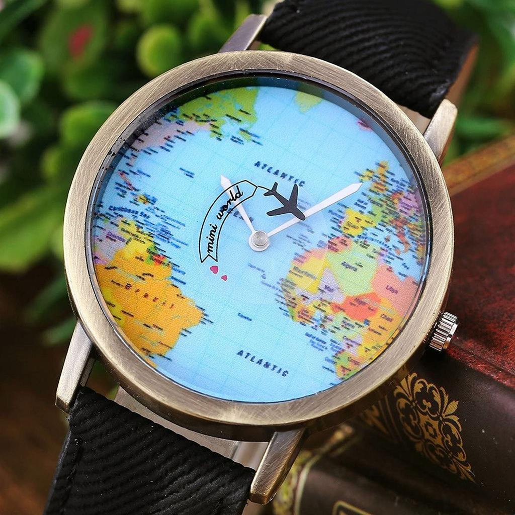 Unisex Retro Bronze Case Global Travel by Plane World Map PU Leather Band Quartz Watch