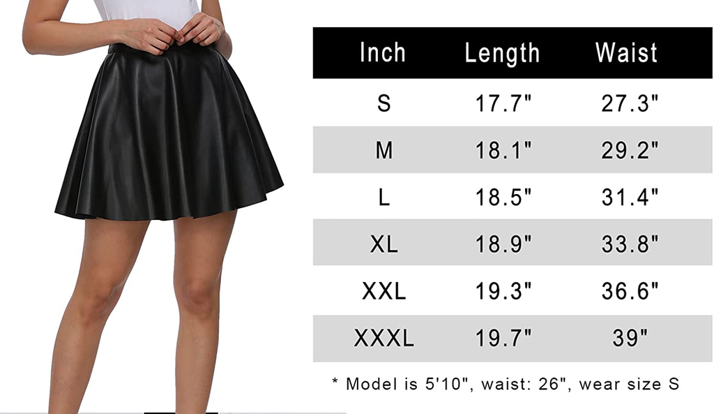 Fahsyee Plus Size Leather Skirt, Women's Black Pleated Skater Mini A-line Vegan Faux High Waist Casual Stretchy S-XXL