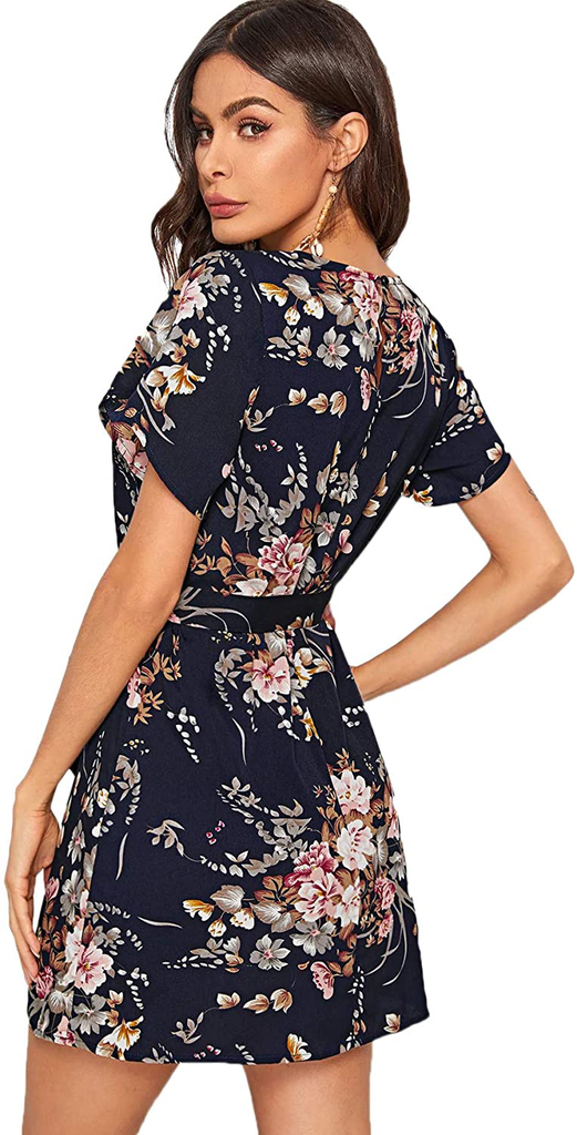 Romwe Women's Petal Short Sleeve Floral Print Belted Casual Mini Tunic Dress