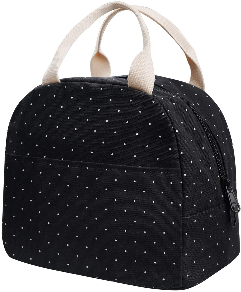 EurCross Upgraded Compact Black Lunch Bag for Girls Women,Canvas Polka Dot Lunch Tote Box Bag for Work School