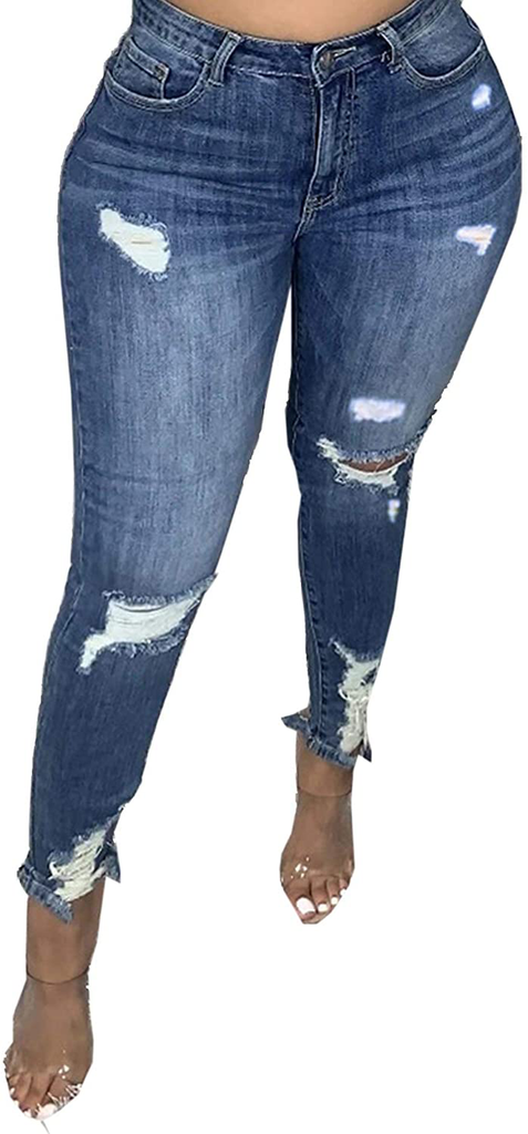 Sexyshine Women's High Waisted Skinny Destroyed Ripped Hole Denim Pants Long Stretch Pencil Jeans