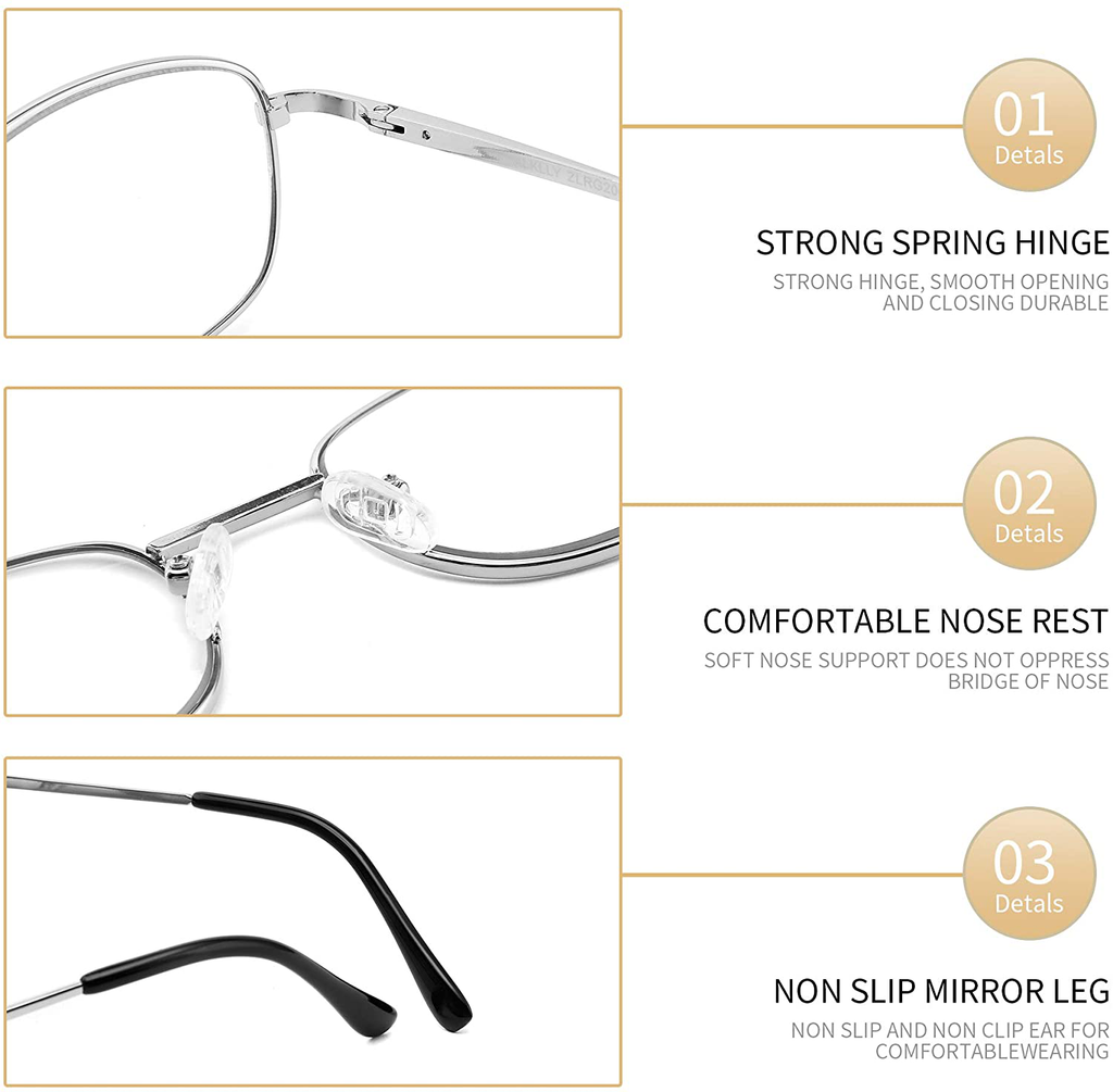 Reading Glasses for Men and Women, Classic Plain Readers with Light Thin Metal Frame and Spring Hinges