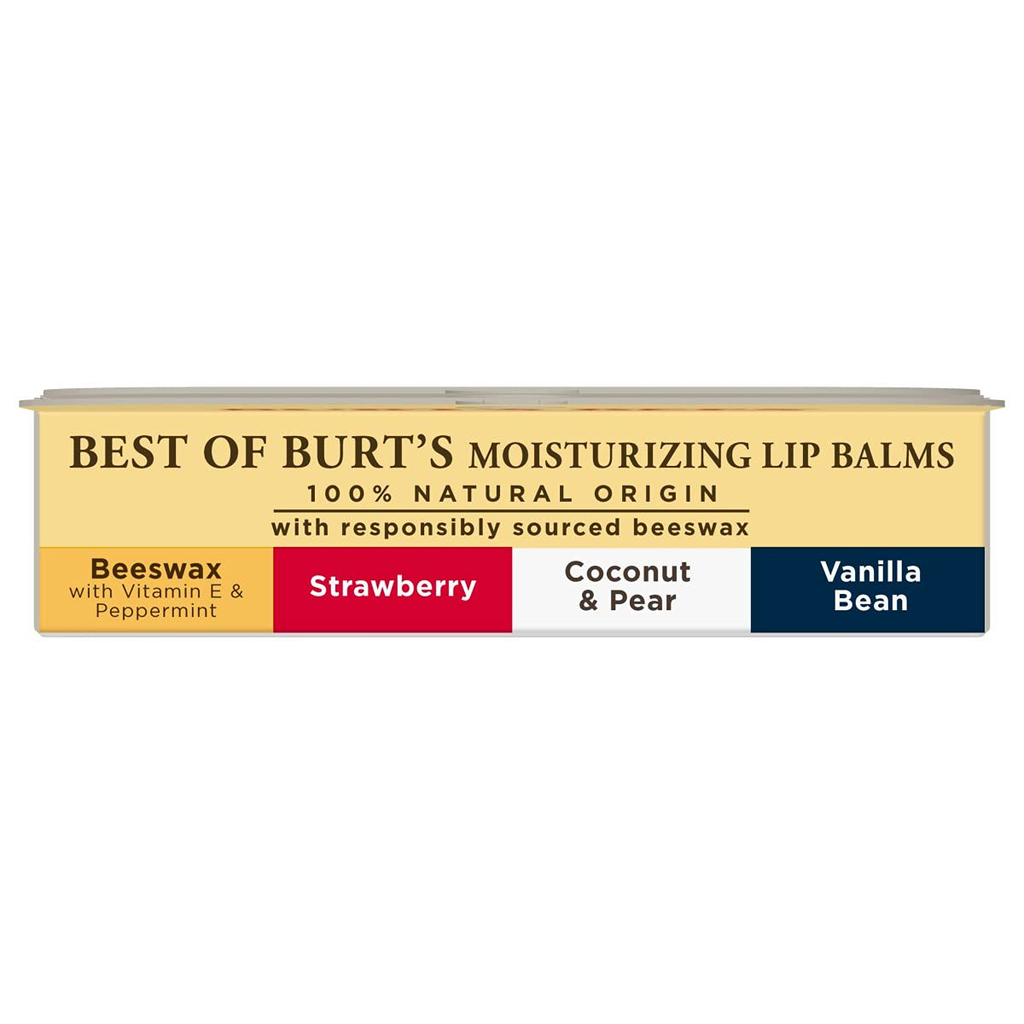 Burt'S Bees Lip Balm Stocking Stuffer, Moisturizing Lip Care Holiday Gift, 100% Natural, Original Beeswax, Strawberry, Coconut & Pear, Vanilla Bean with Beeswax & Fruit Extracts, Multipack (4 Pack)