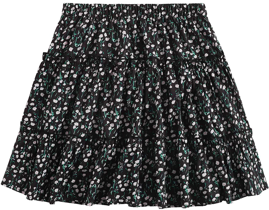 SheIn Women's Boho Floral Print Layered Frill Trim Ditsy Mini Short Flared Skirt