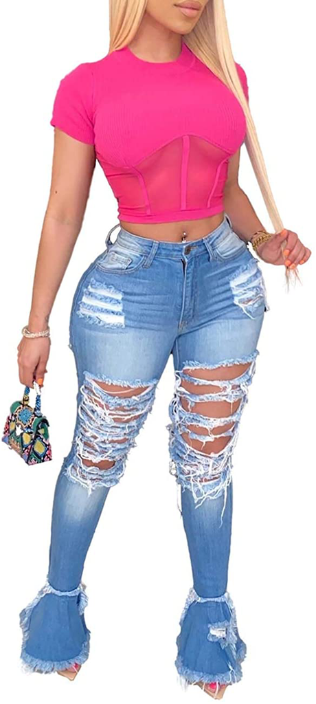 Sexyshine Women's High Waisted Skinny Destroyed Ripped Hole Denim Pants Long Stretch Pencil Jeans