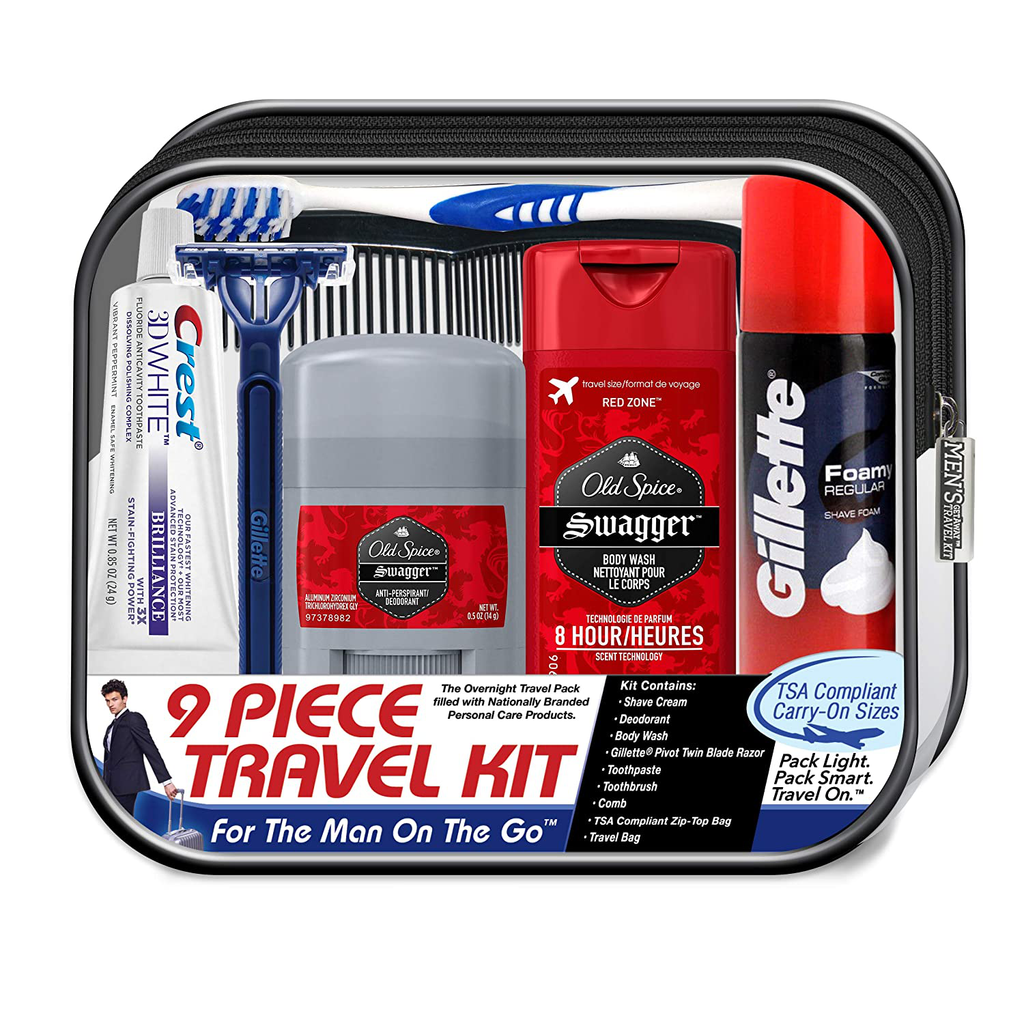 Convenience Kits International Men'S Premium 15-Piece Kit Wth Travel Size TSA Compliant Essentials, Featuring: Head & Shoulders Dandruff Shampoo Classic Clean and Palm Scalp Brush in Black Dopp Bag