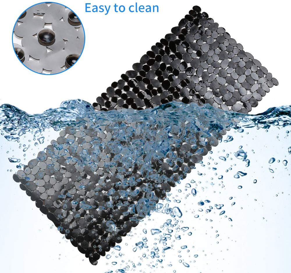 SONGZIMING Non-Slip Pebble Bathtub Mat Black 16 W x 35 L Inches (for Smooth/Non-Textured Tubs Only) Safe Shower Mat with Drain Holes, Suction Cups for Bathroom