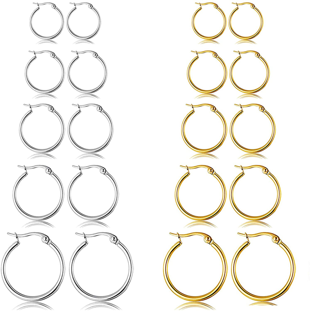 10 Pairs Silver Gold Hoop Earrings for Women Small Stainless Steel Hypoallergenic Earrings Set Girls Nickel Free,10MM-18MM