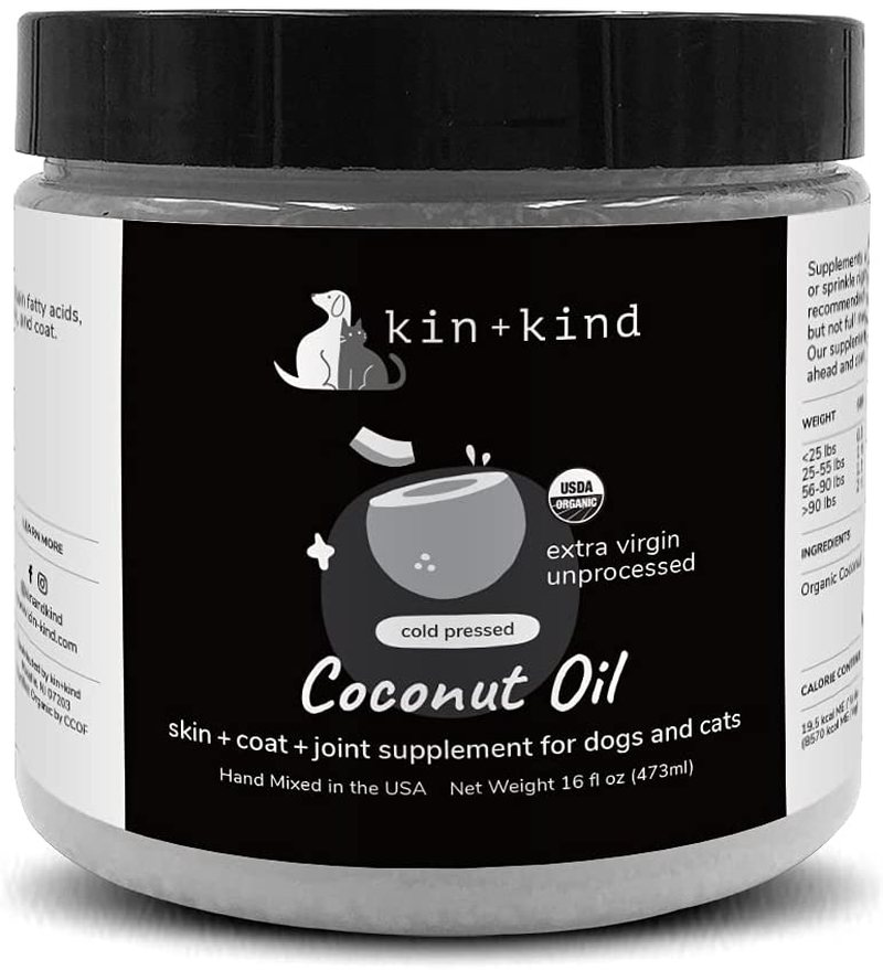 kin+kind Organic Raw Coconut Oil Pet Supplement - Skin and Coat Support for Dogs and Cats - Safe, Natural Formula with Unprocessed, Cold Pressed Extra Virgin Coconut Oil - Mixed in The USA