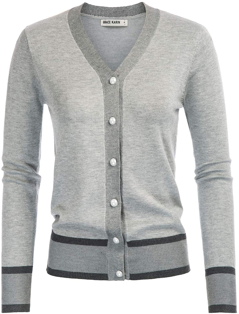 GRACE KARIN Women's Long Sleeve Button Down Vee Neck Classic Sweater Knit Cardigan
