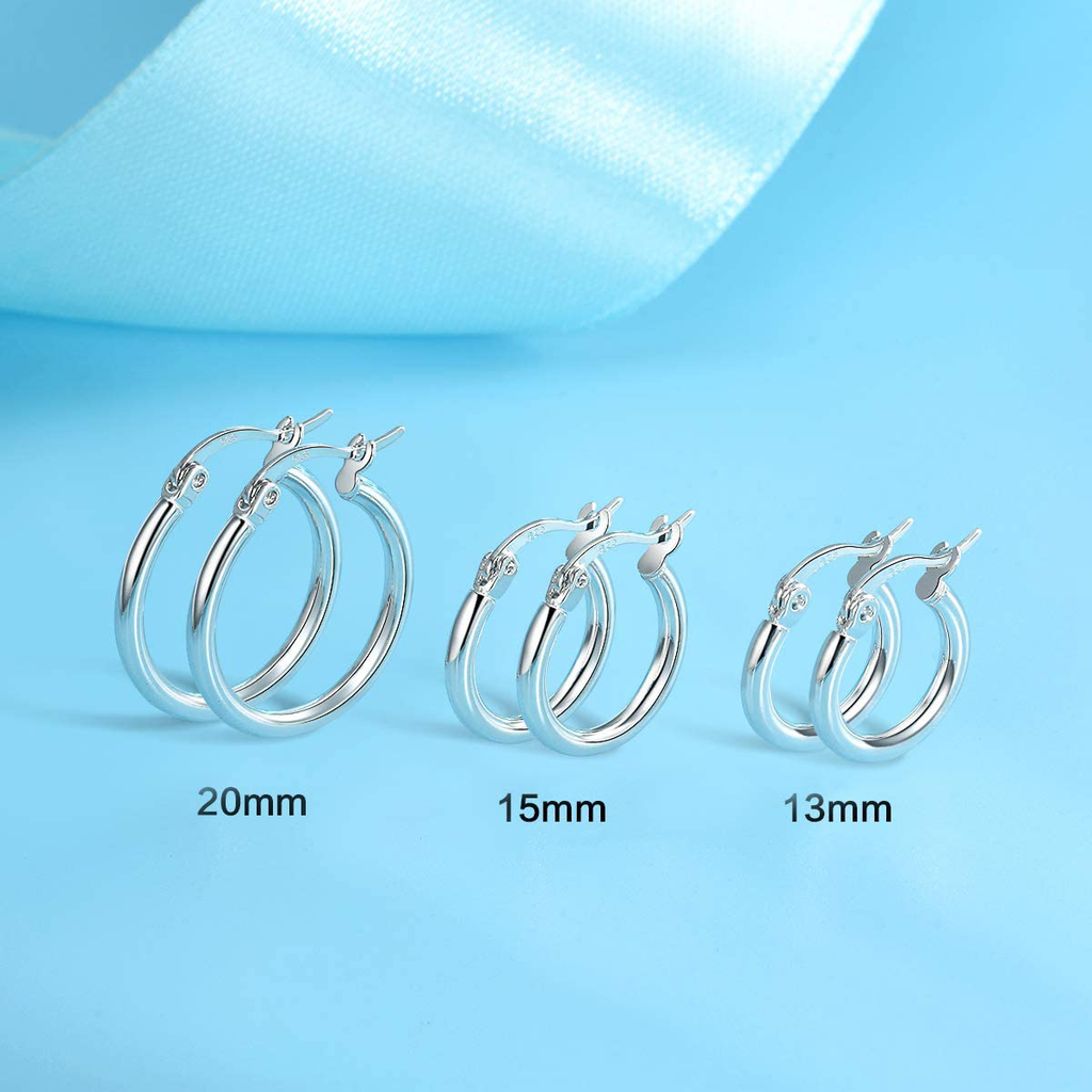 3 Pairs 925 Sterling Silver Hoop Earrings | Small White Gold Plated Hoop Earrings for Women Girls (13mm, 15mm, 20mm)