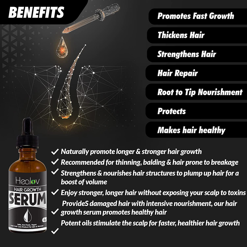 Natural Hair Growth Serum, 2 Oz – Intensive Fast Grow Blend of Essential Oils – Thickening, Strengthening Damage Repair Treatment for Thinning, Baldness – Safe, Nontoxic, Vegan anti Hair Loss Products for Men & Women