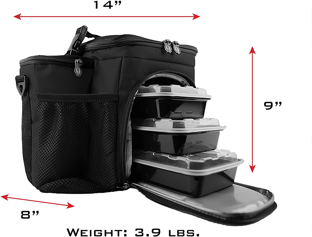 Meal Prep Bag ISOBAG 3 Meal Insulated Lunch Bag Cooler with 6 Stackable Meal Prep Containers, 2 Ice Pack ISOBRICKS, and Shoulder Strap - MADE IN USA (Blackout)