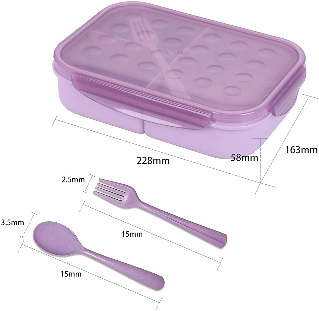 Bento Box, ASYH 3 Compartment Japanese Lunch Box Reusable Lunch Dinner Containers with Fork Spoon for Adults Kids School Office Food Grade BPA Free Microwave Safe (Purple-1150ML)