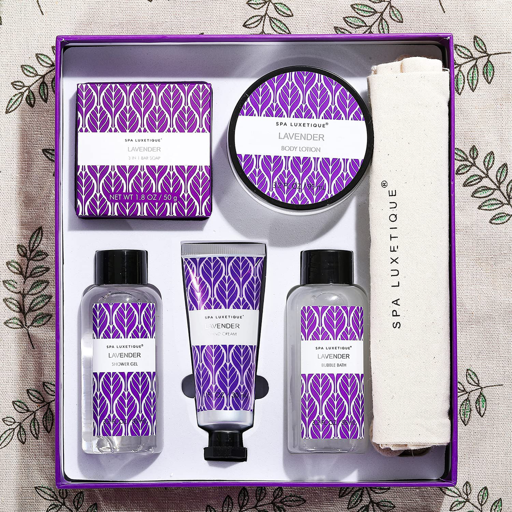 Spa Luxetique Spa Gift Baskets, Spa Gift Box, Lavender Bath Set, 6 Pcs Home Spa Set Includes Body Lotion, Shower Gel, Bubble Bath, Hand Cream, Travel Bag. Best Christmas Gift Sets for Women.