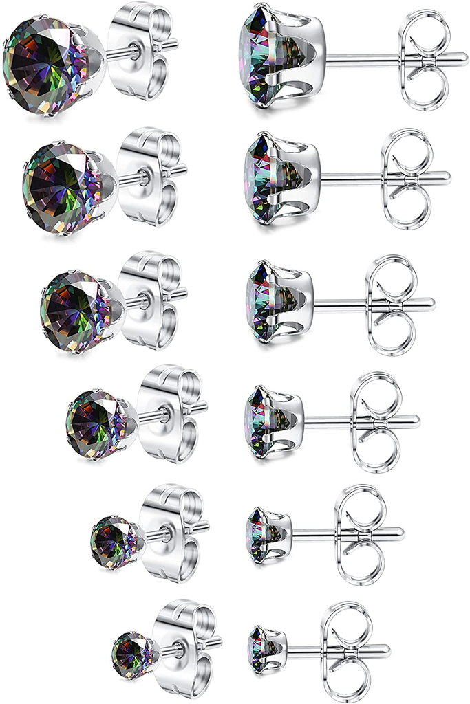 Jstyle Jewelry Women's Stainless Steel Round Clear Cubic Zirconia Stud Earring (6 Pairs)