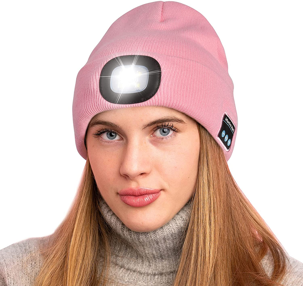 Unisex Bluetooth Beanie with Headlight, Upgraded Musical Knitted Cap with Headphone and Built-In Stereo Speakers & Mic, LED Hat for Running Hiking,Christmas Gifts for Men Women Dad