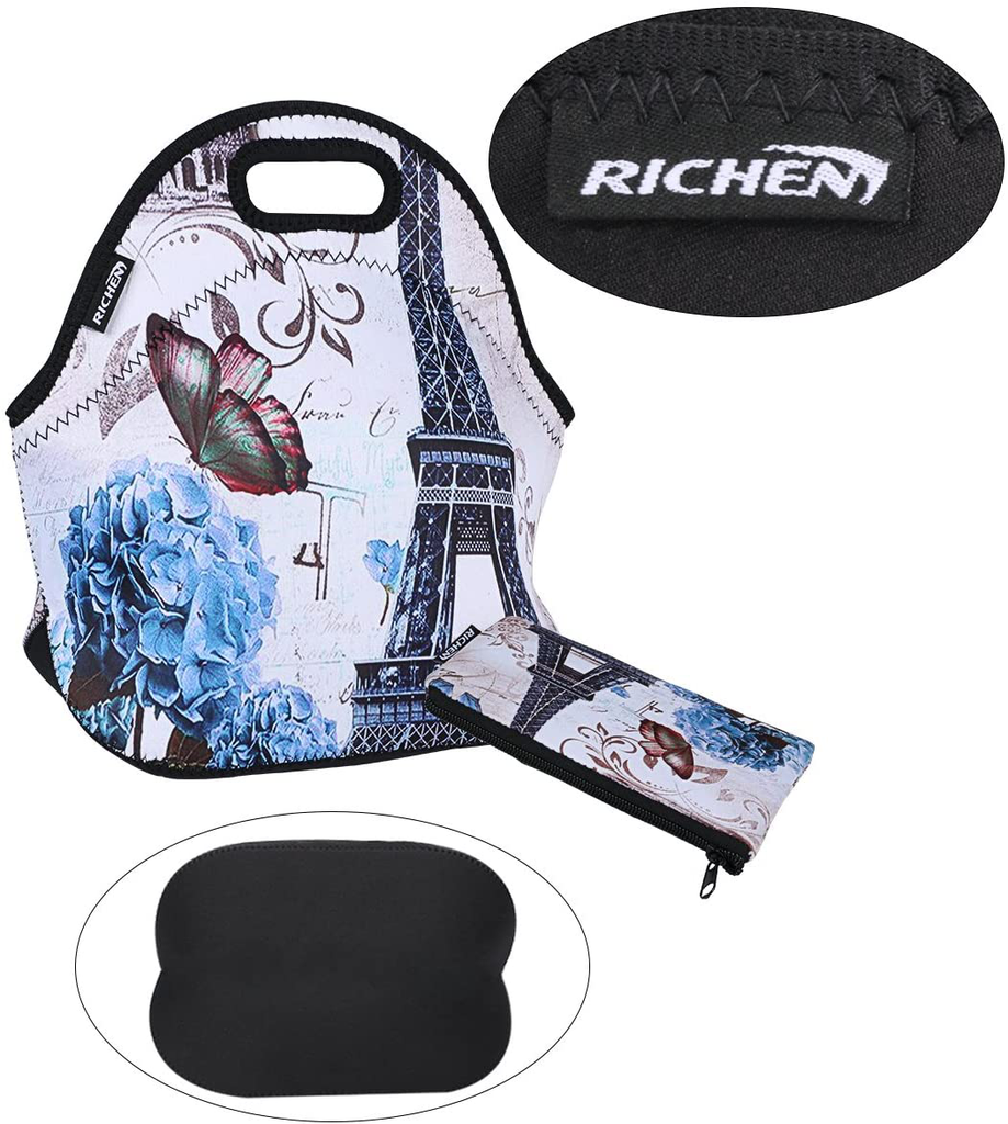 RICHEN Neoprene Lunch Bag with Cutlery Kit Neoprene Case for Knife,Fork,Spoon,Thermal Thick Lunch Tote Bag,Reusable Bags for Adults and Kids,Blue Flower Eiffel Design (RLB-10)