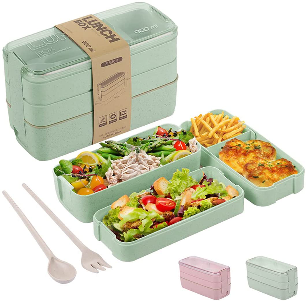 Bento Box for Adults Kids, 3-In-1 Meal Prep Container, 900ML Janpanese Lunch Box with Compartment, Wheat Straw, Leak-proof, Spoon & Fork & Lunch Bag, BPA-free (Pink)