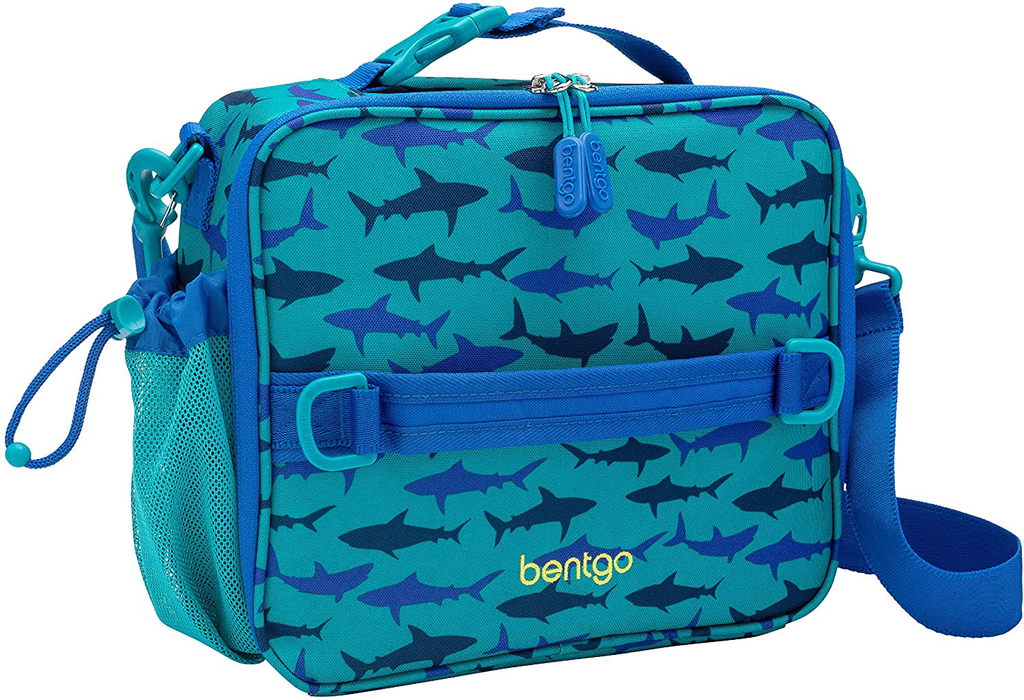 Bentgo Kids Prints Lunch Bag - Double Insulated, Durable, Water-Resistant Fabric with Interior and Exterior Zippered Pockets and External Bottle Holder- Ideal for Children of All Ages (Shark)