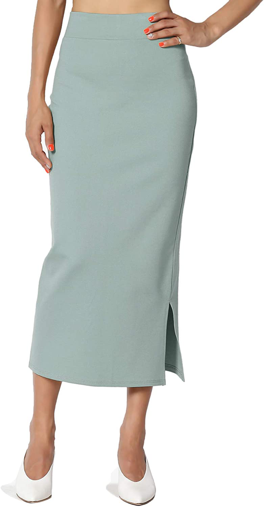 TheMogan S~XL Side Slit High Waist Stretch Ponte Knit Mid Calf Long Pencil Skirt