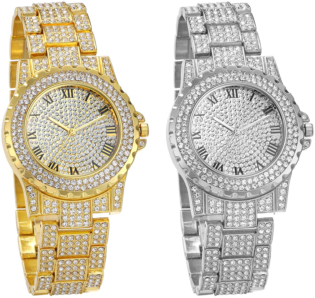 Stylish Rhinestone Round Quartz Watch Gold Plated Stainless Steel Wristwatch