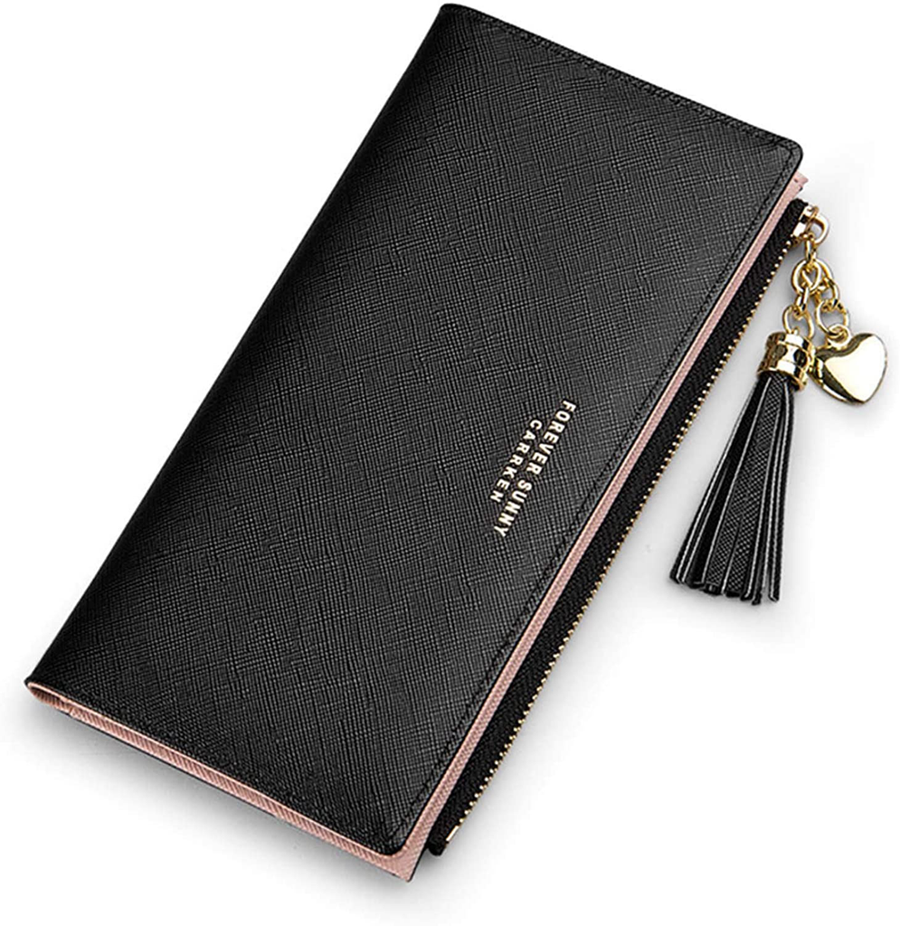 Slim Wallet for Women Long Tassel Zipper Clutch Purse Handbag Card Case Wallet (Black)