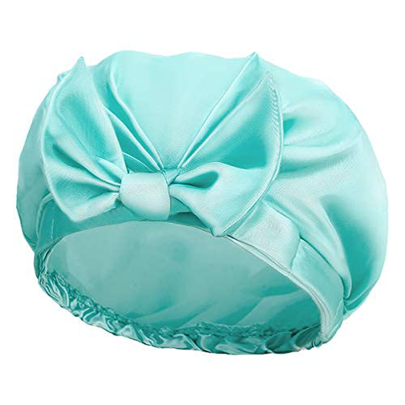 Auban Extra Large Shower Cap, Bowknot Double Layer Reusable Bath Hair Caps with Silky Satin for Women Beauty Bathing, Hair Spa, Home Hotel Travel Use (Azure)