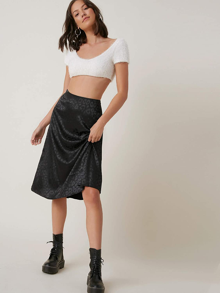 SOLY HUX Women's High Waist Silk Satin Flared A Line Midi Skirt