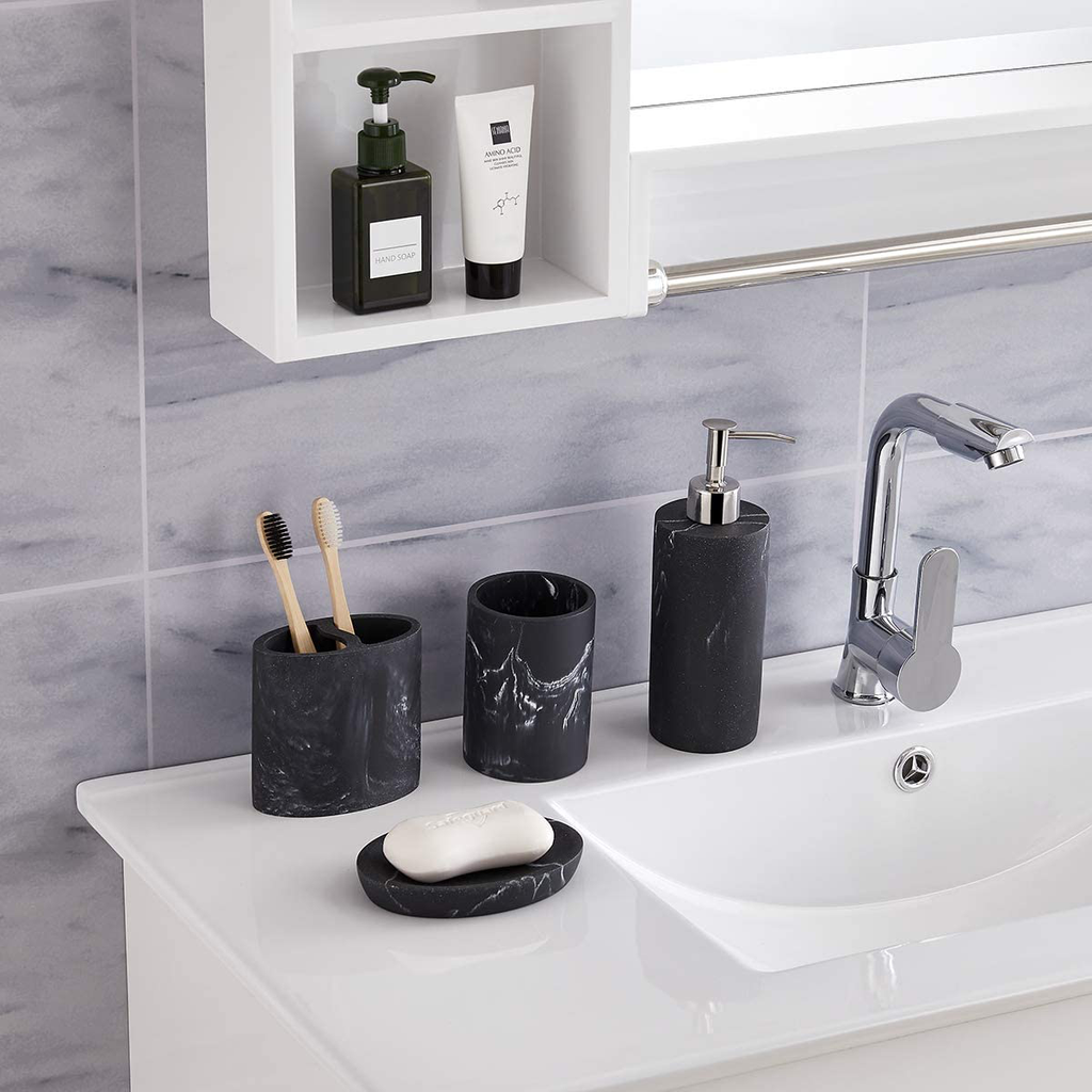zccz Bathroom Accessory Set, 4 Pcs Marble Look Bathroom Vanity Countertop Accessory Set Bathroom Décor Accessories with Soap Dispenser, Toothbrush Holder, Bathroom Tumbler, Soap Dish