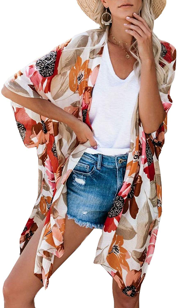 MayBuy Women's Flowy Summer Chiffon Kimono Cardigans Tops Boho Floral Beach Cover Ups Casual Loose Shirts