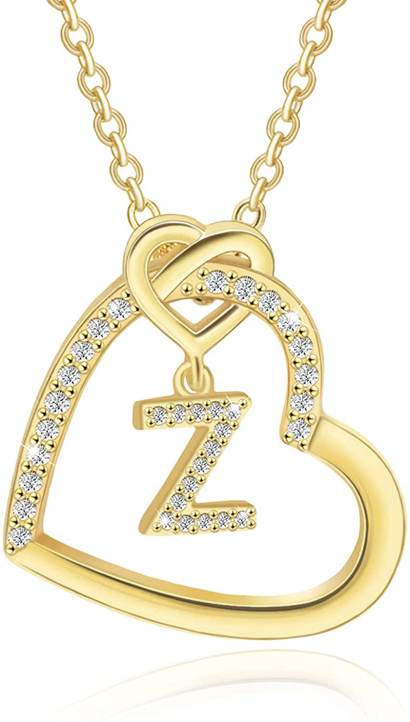 Heart Initial Necklace for Women, 14K Gold Plated Initial Necklace, Sterling Silver Initial Pendant Necklace, Cubic Zirconia Initial Necklace, Adjustable Letter Charm Necklace for Girls