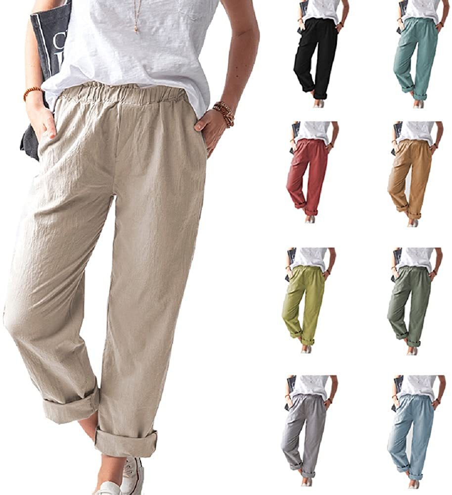 Women's Straight Pants Elastic Waist Casual Trousers Pants with Pockets